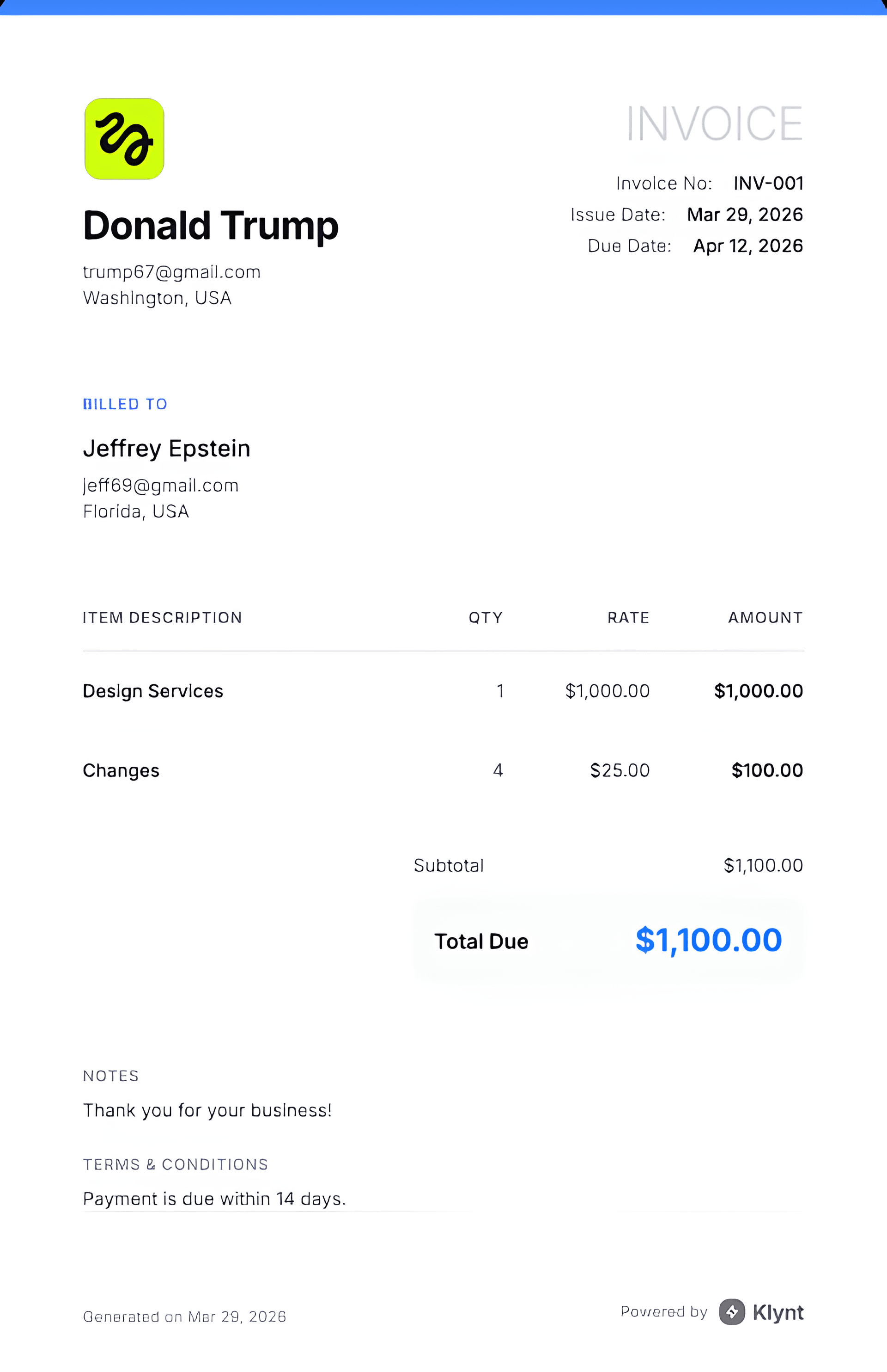 Klynt Invoice Generator Preview